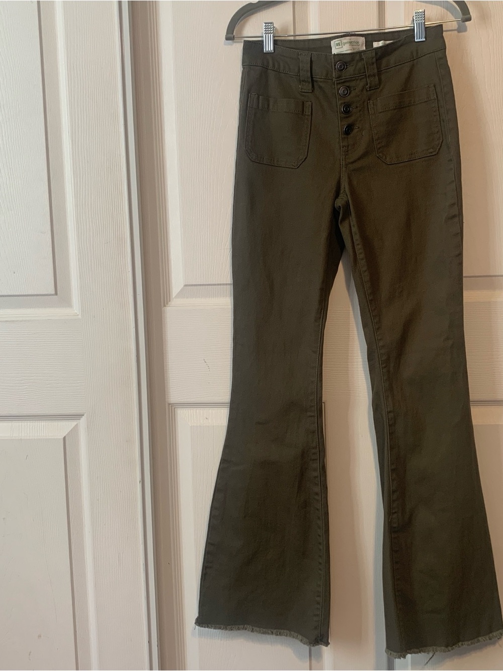 High-Rise Olive Flare Jeans with Button Front